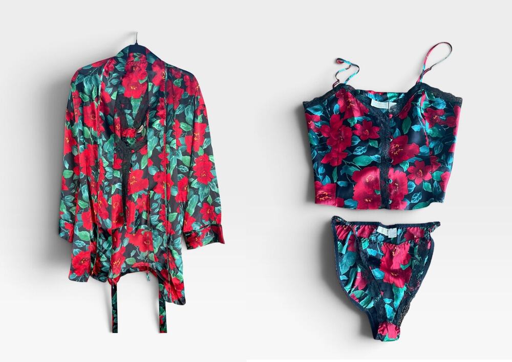 VTG Victoria's Secret Gold Label 3pc Lingerie Set Floral Robe, Cami & Panty sz L